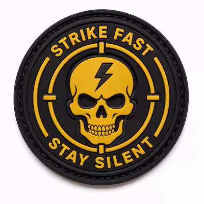 Round black and yellow tactical PVC patch with a skull lightning bolt and strike fast stay silent text