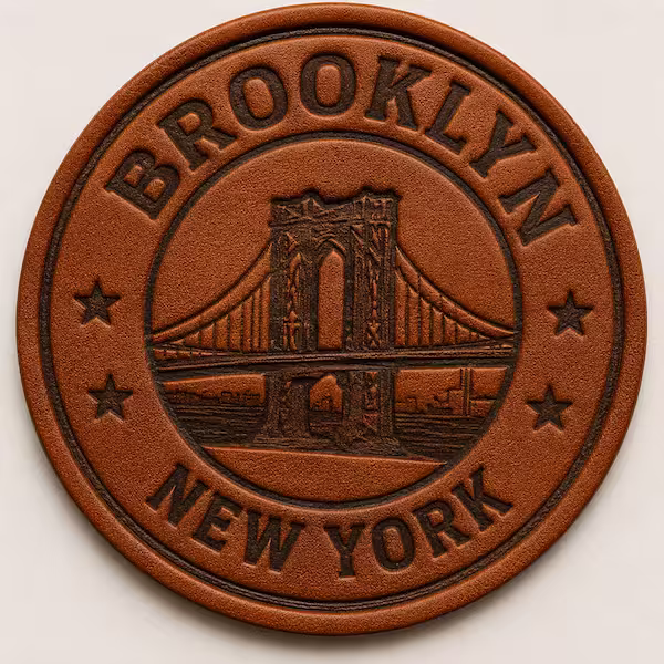 Round embossed leather patch showing the Brooklyn Bridge with text reading Brooklyn New York and four stars