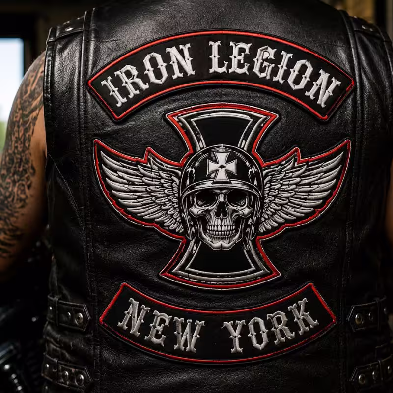 Iron Legion New York motorcycle club back patch featuring a winged skull wearing a helmet on a leather vest
