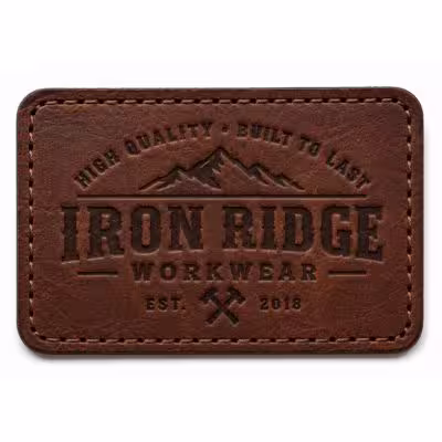 Rectangular brown embossed leather patch for Iron Ridge Workwear featuring mountains and crossed hammers design