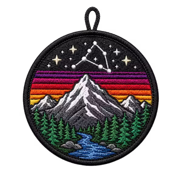 Round mountain and night sky embroidered patch featuring a small top loop for button attachment