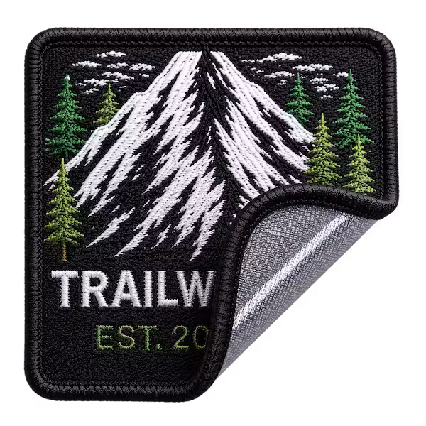 Square mountain trail embroidered patch with a peeled corner showing a shiny smooth iron on backing