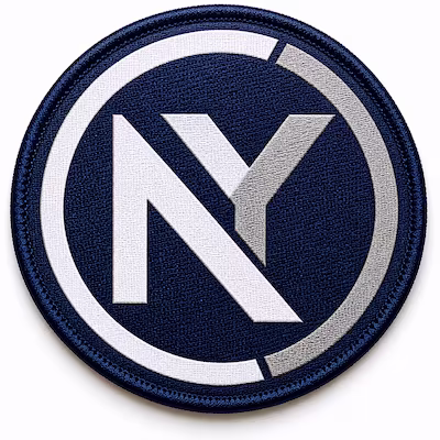 Round navy blue woven patch featuring overlapping white and silver NY letters inside a split circular border