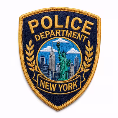 Embroidered New York police department shield patch showing the Statue of Liberty and city skyline
