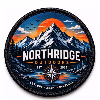 Round Northridge Outdoors printed patch showing a mountain sunset landscape a compass and explore adapt overcome text