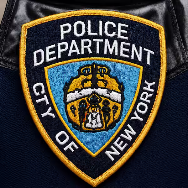 Shield shaped NYPD embroidered patch reading Police Department City of New York with central crest