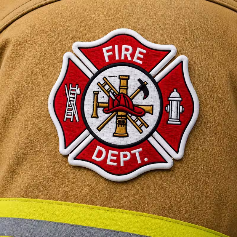 Red Fire Dept embroidered patch shaped like a Maltese cross showing a helmet ladder and fire hydrant