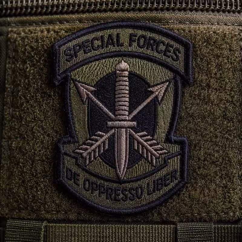 Green and black Special Forces tactical patch with crossed arrows a dagger and De Oppresso Liber motto
