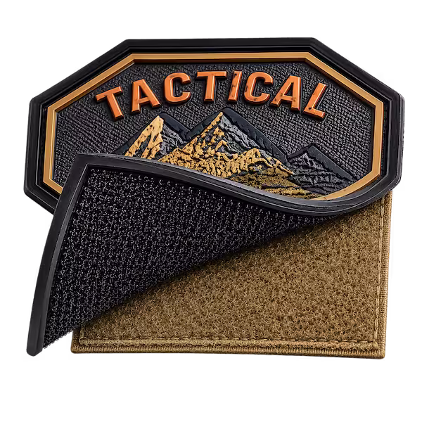 Tactical rubber patch peeling away from a fabric base showing a black velcro hook and loop backing