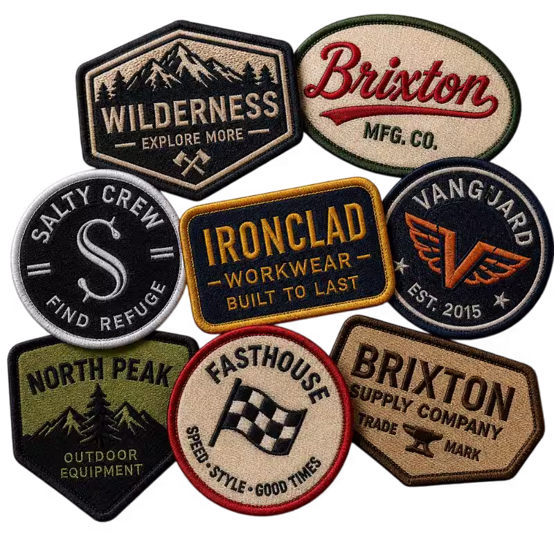 Collection of assorted embroidered clothing patches featuring various brand logos and outdoor designs on white background
