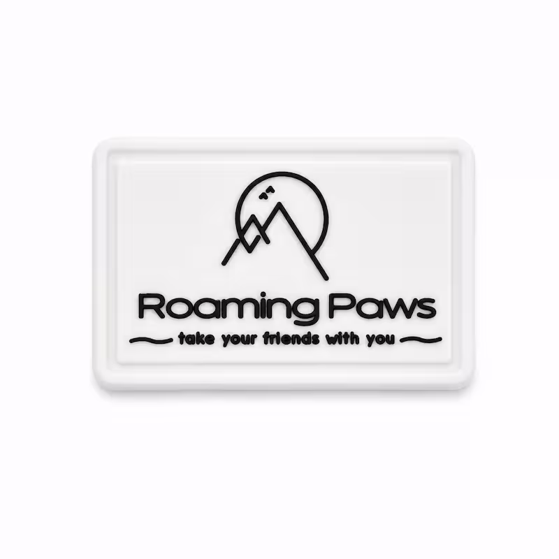 Minimalist custom PVC rubber patch with fine mountain line art for Brooklyn streetwear and outdoor apparel brands.