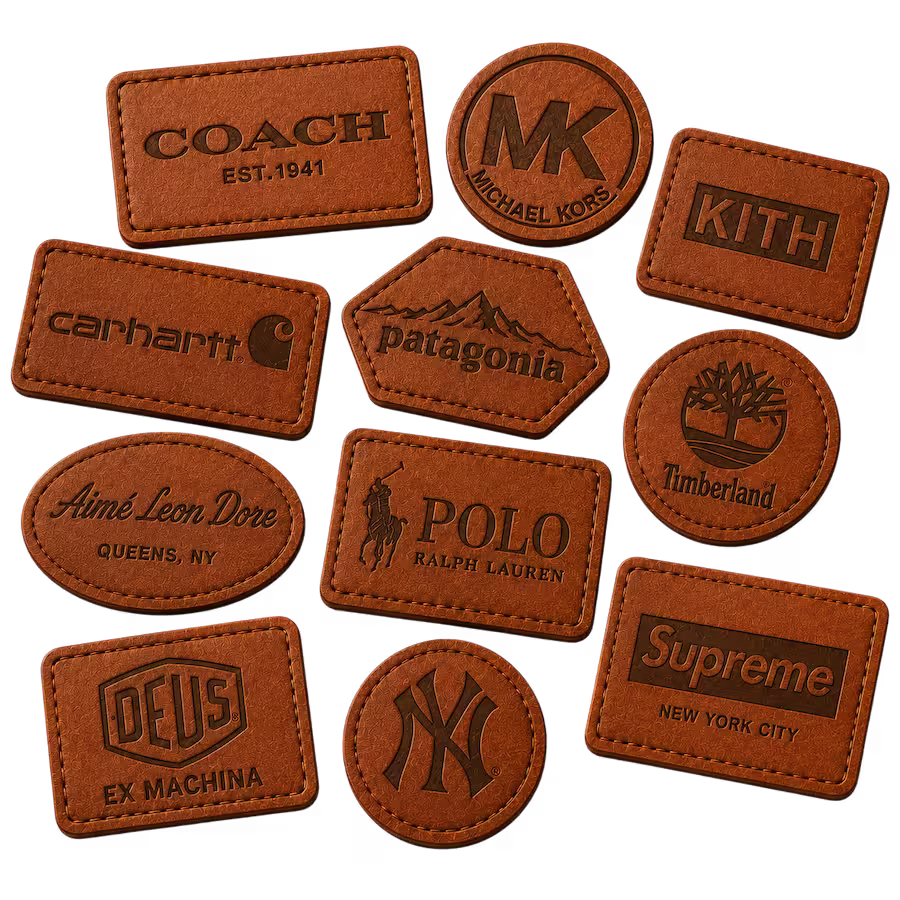 Premium custom leather logo patches with embossed branding durable stitching rich brown leather texture for apparel hats bags and accessories