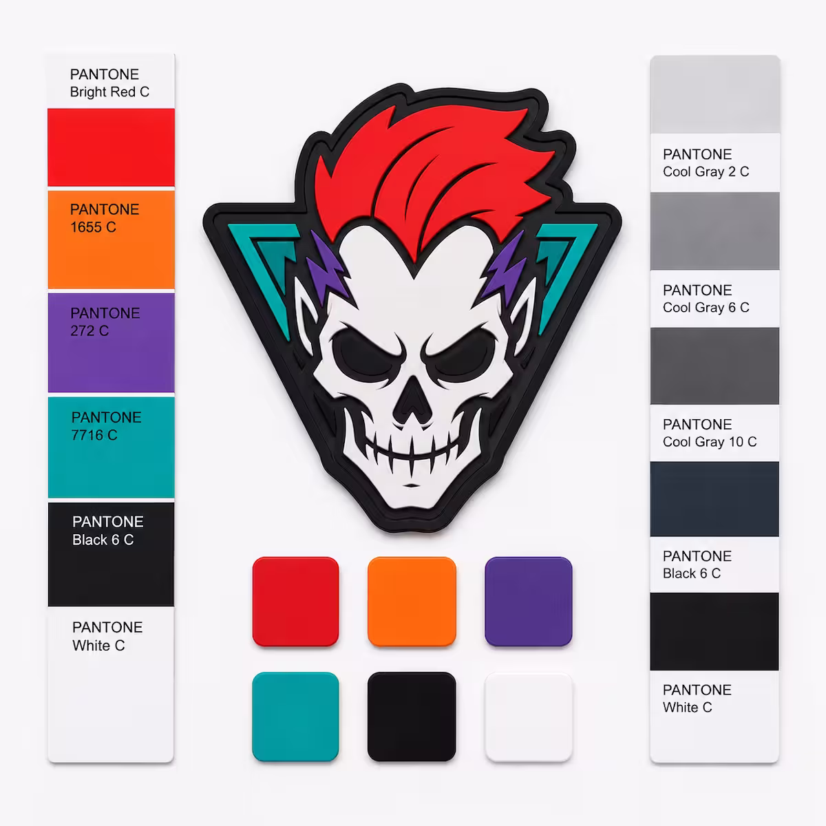 Technical breakdown of a custom 3D PVC rubber patch demonstrating exact Pantone (PMS) color matching for corporate branding.