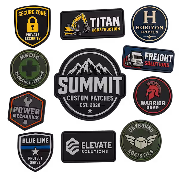 Collection of custom PVC patches featuring business security logistics construction hospitality and tactical brands with realistic molded rubber details