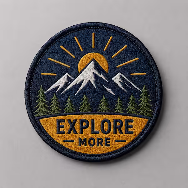 Round 50% embroidery patch showing snowy mountains yellow sun green pine trees and EXPLORE MORE text