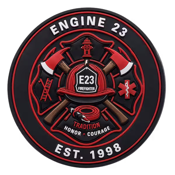 Custom red and black 3D PVC firefighter patch designed for extreme weather and tactical rescue gear