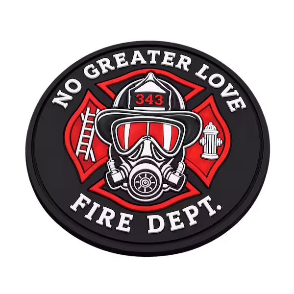 Custom fire department PVC patch featuring firefighter helmet and rescue symbols with durable waterproof 3D rubber design