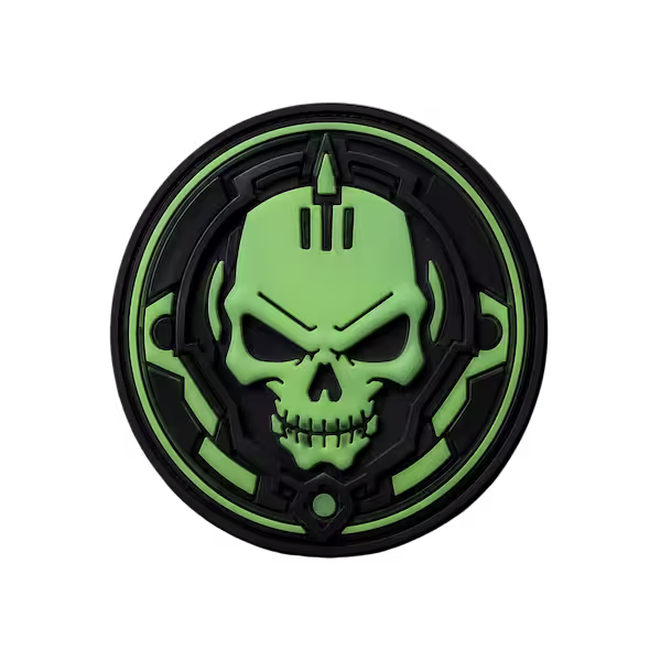 Glow PVC patch featuring neon green skull design with durable molded rubber construction for tactical gear and apparel branding