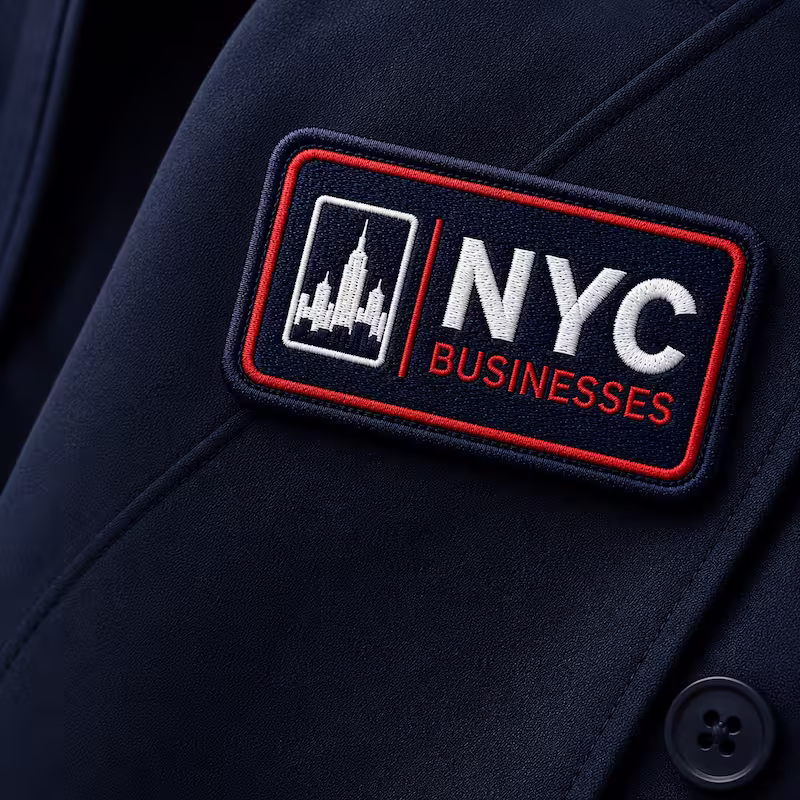 Embroidered rectangular patch on dark blue jacket featuring white NYC skyline silhouette and text reading NYC BUSINESSES