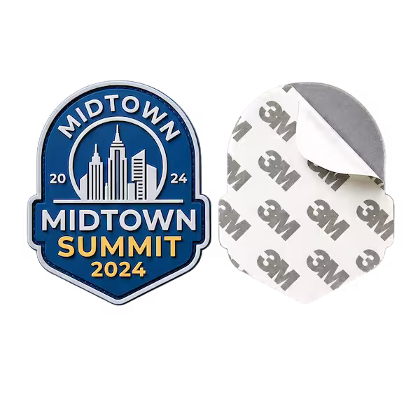 Blue city skyline PVC patch showing 3M peel and stick adhesive backing for easy application