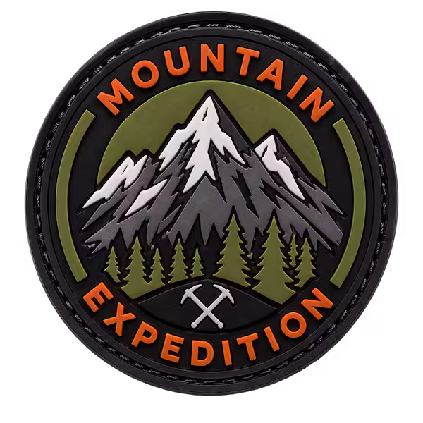 Round mountain expedition PVC patch featuring a clean outer border designed for secure sew on backing