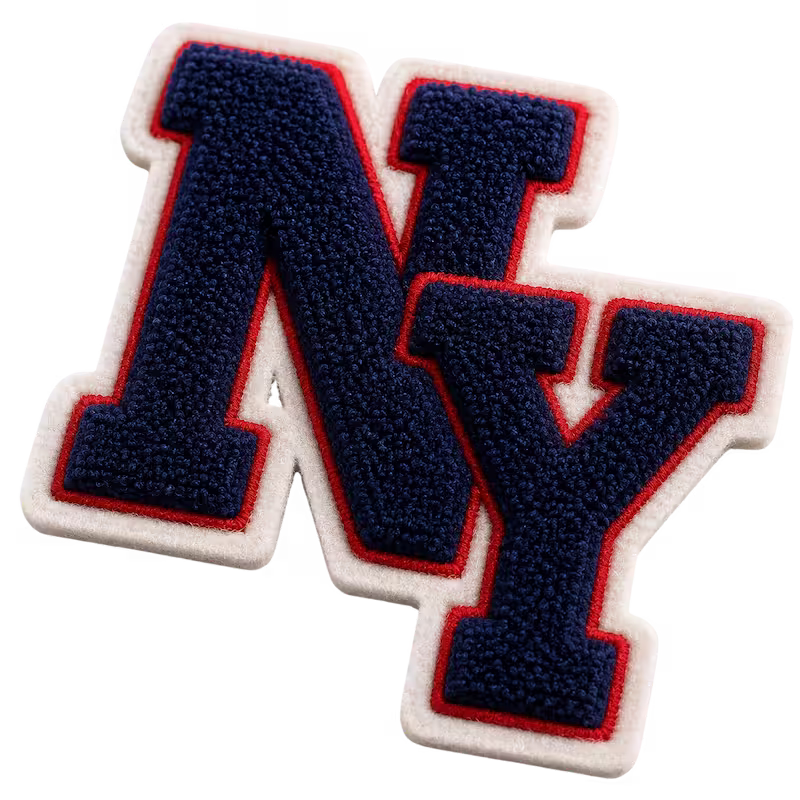 blue NY initials chenille patch with red and white border