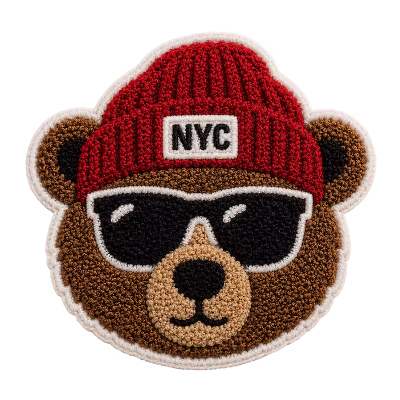 brown bear wearing sunglasses and red NYC beanie chenille patch