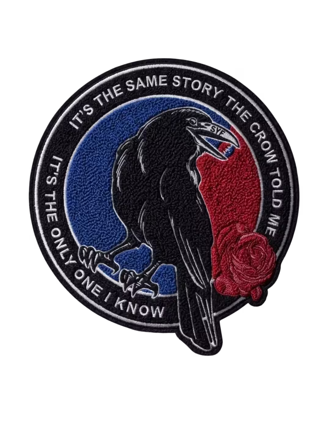 Round chenille patch featuring a black crow and red rose with surrounding text border