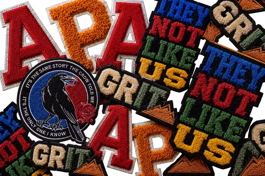 Collage of premium custom chenille patches featuring varsity letters graphic designs colorful textured embroidery for apparel hats and jackets