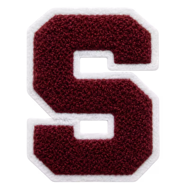 Maroon letter S chenille patch featuring a white felt border on a plain background