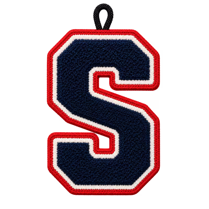 Navy blue letter S chenille patch with red and white border and button loop backing