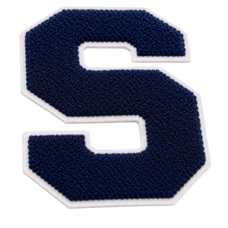 Navy blue letter S chenille patch featuring a white hot cut border on a plain background
