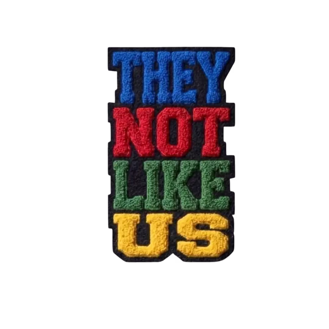 Colorful stacked text chenille patch reading THEY NOT LIKE US in blue red green and yellow